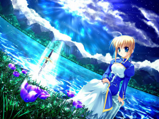 Anime girl blue dress sword - ufotable free wallpaper