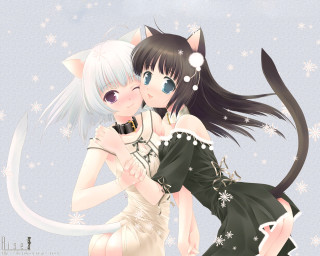 Anime girls hugging snowflakes stars - a couple of anime girls free wallpaper for desktop
