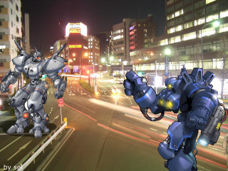 Robots street night cityscape glowing - rayonism free wallpaper for desktop