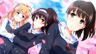 Anime girls pink background flowers - serial free wallpaper