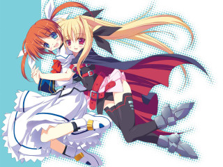 Anime hugging girls blue white - white dot free wallpaper
