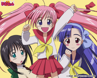 Three anime girls pink blue - pink hair free wallpaper