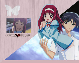 Anime couple sky background butterfly - poster art free wallpaper
