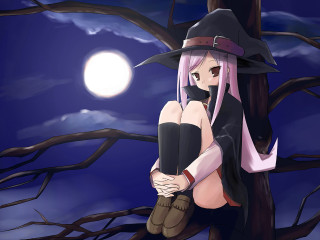 Girl witch costume sitting moonlight - dark atmosphere free wallpaper