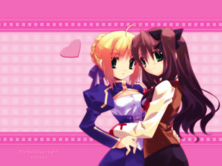 Two anime girls hugging pink - heart free wallpaper