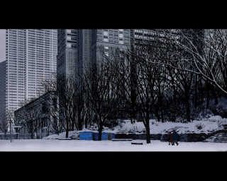 Snowy park cityscape trees fence - tall building free wallpaper