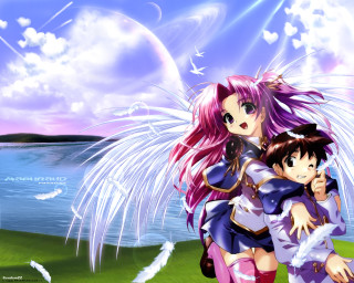 Anime couple hug lake sky - front free wallpaper
