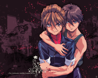 Aya goda keiichi hug anime - background behind them free wallpaper