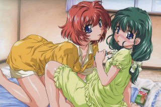 Anime girls bed yellow dress - their back free wallpaper