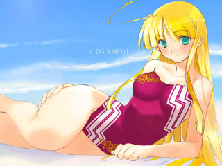 Blonde woman beach posing illustration - half body free wallpaper