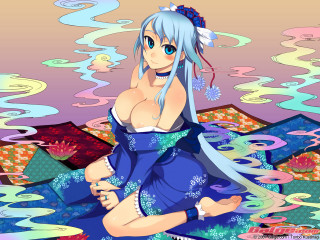 Blue hair kimono giantess sitting - fabric free wallpaper