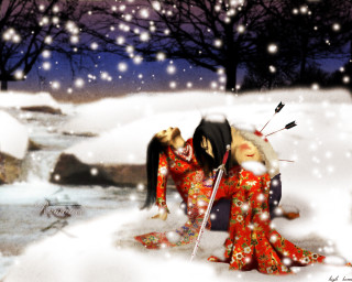 Couple kissing snow aurora christmas - dark free wallpaper