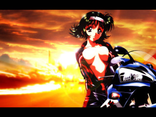 Woman motorcycle sunset fire jacket - anime visual free wallpaper