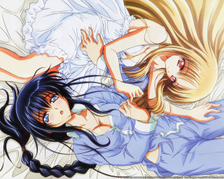 Anime girls bed hug blonde 2 - their arm free wallpaper for desktop