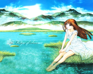 Girl rock lake mountains sky - a matte painting free wallpaper