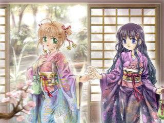 Cherry blossoms anime girls kimono - impressionist free wallpaper