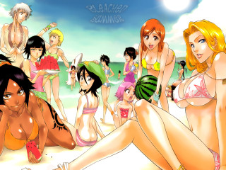 Beach girls bikinis anime summer - a man in the background and a woman in the foreground free wallpaper