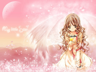 Girl star angel wings pink - long hair holding free wallpaper