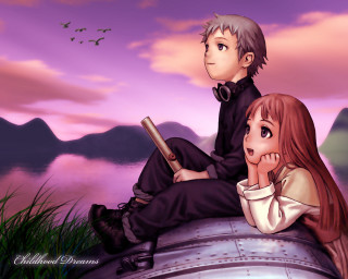 Lake mountains couple bird anime - overhead free wallpaper