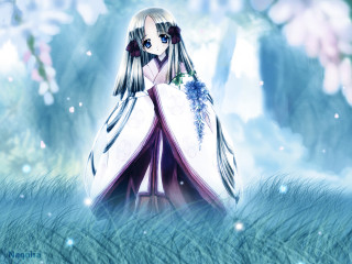 Gothic anime woman kimono flowers - a blue sky in the background free wallpaper for desktop