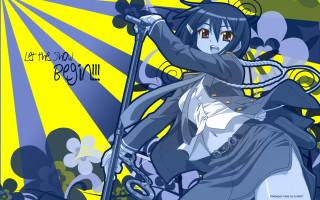 Woman sword bluehair schooluniform yellow - holding free wallpaper