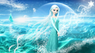 Woman blue dress standing water - fantasy art free wallpaper for desktop
