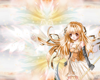 Anime girl blonde hair staff - a background of flowers free wallpaper
