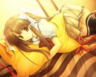 Girl bed yellow shirt red - kyoto animation free wallpaper