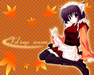 Autumn leaves anime girl kimono - a short dress free wallpaper for desktop