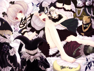 Gothic girls bed cat ribbon - a white sheet free wallpaper