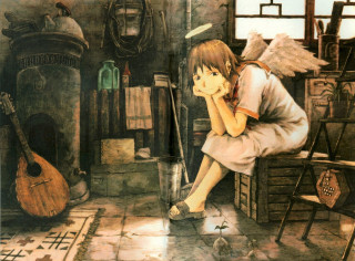 Girl angel wings guitar fireplace - a detailed drawing free wallpaper