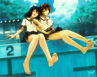 Anime girls wall trees bench - their leg free wallpaper