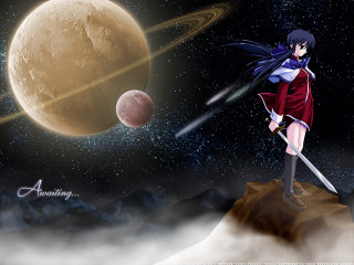 Girl red dress rock planet - anime visual free wallpaper