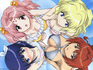 Three anime girls bikini outdoors - blue sky in the background free wallpaper