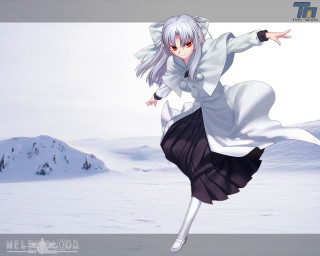 Snowy mountain woman flying white - her arm free wallpaper