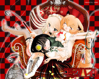 Anime girls hug birdcage argyle - back free wallpaper
