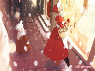 Woman red dress snowy christmas - a snowy street free wallpaper