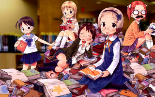 Anime girls book pile manga - their other hand free wallpaper
