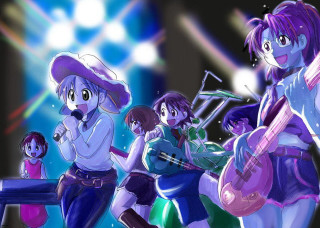 Group girls guitar hats manga - a manga drawing free wallpaper for desktop