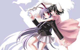 Anime hugging rabbit girls purple - a purple background behind them free wallpaper