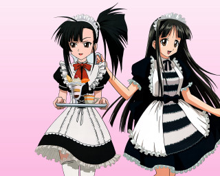 Maid girls tray food drink - one holding free wallpaper