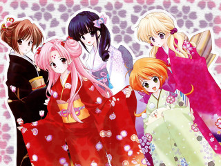 Anime girls kimono pink green - wearing free wallpaper