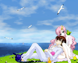 Anime girls grassfield seagulls birds - neoromanticism free wallpaper