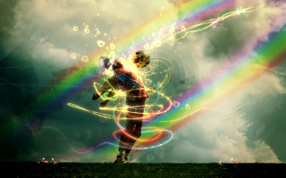 Person running rainbow colored sky - light effect free wallpaper