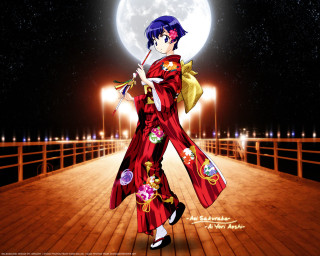Kimono woman night fullmoon sky - full free wallpaper