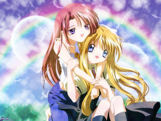 Two anime girls rainbow outdoors - rayonism free wallpaper