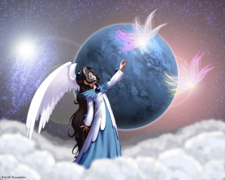 Woman wings cloud blue moon - metaphysical painting free wallpaper
