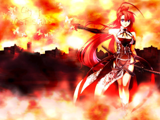 Fiery sword woman cityscape autumn - city background free wallpaper