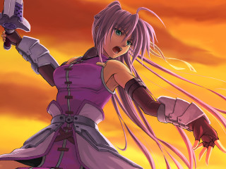 Woman sunset armor sword pinkhair - long hair holding free wallpaper