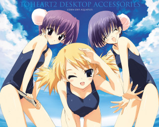 Three anime girls bathing suits 4 - the sky in the background free wallpaper